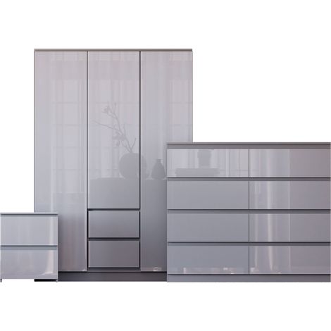 Glinton 3 Piece Bedroom Set (2 Drw Bedside, 8 Drw Chest, 3 Door 2 Drw Wardrobe), Grey (100% FSC) (1/4)