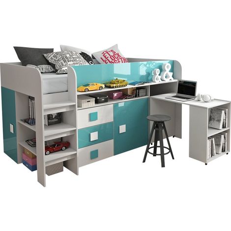 Cama Hartford 190, Blanco + brillo Turquesa + Blanco brillante, Individuales, 90x200, Aglomerado laminado, Somieres, 107x204x125cm (1/4)