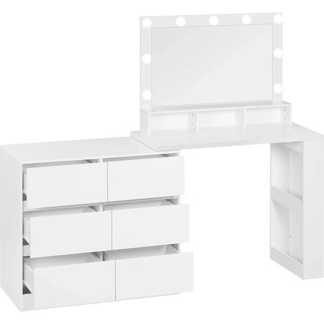 Bureau-coiffeuse multifonction L avec miroir LED réglable et 6 grandes tiroirs, blanc (1/5)
