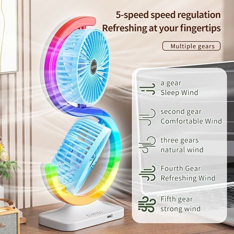 Ventilateur de bureau double tête rechargeable USB, 5 vitesses, éclairage LED, couleur bleue, idéal pour rafraîchir votre espace de travail (1/5)