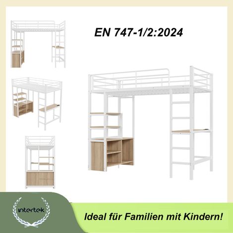 Lit surélevé 90x200cm sans matelas, bureau intégré, prises USB et électricité, étagères multiples, placard ouvert, garde-corps, échelle, cadre en fer blanc (1/5)