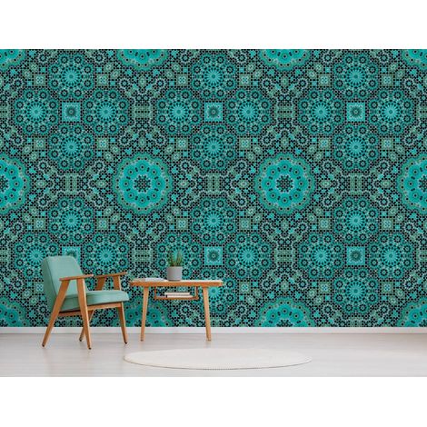 Papier peint panoramique oriental turquoise | Tapisserie panoramique motif mandala | Papier peint panoramique idéale salle de bain & cuisine - 270 x 400 cm (4 pièces) (1/5)