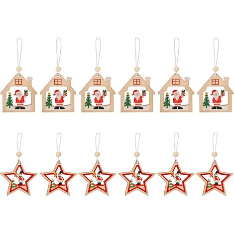 Pendentifs En Bois Noël - Père Noël Flocons Sapin - Décoration Arbre Cadeau Fête - Lot De 12 Pièces (1/5)