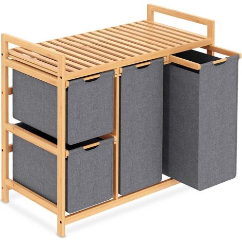 Panier à linge 3 compartiments en bambou avec étagère et sacs amovibles 150L gris (1/5)