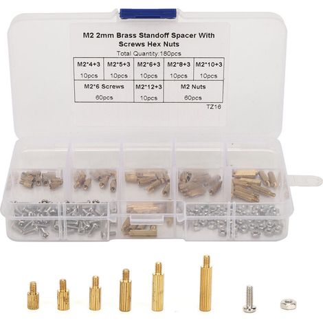 180-piece set of 1-way carbon steel spacers, screws, nuts, and fasteners, assortment kit with M2 box (1/5)