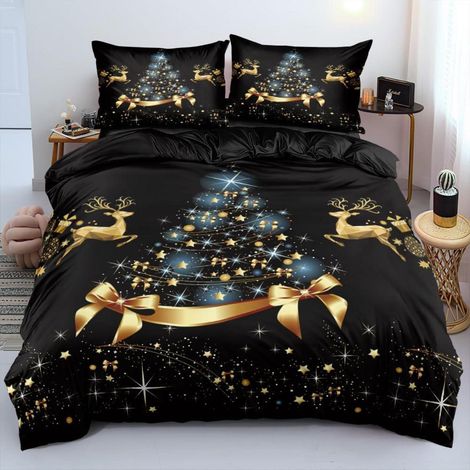 Weihnachts-Bettwäsche 155x220cm Schwarz Gold Mikrofaser mit Reißverschluss