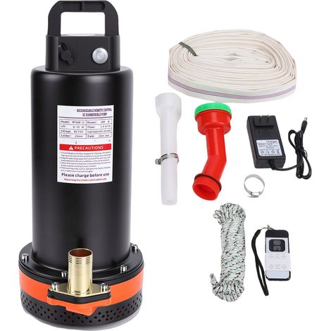 Pompe submersible rechargeable 280W, débit de 3-4 m³/h, hauteur de refoulement de 8-10 m, télécommande, sans fil, pour piscines, jacuzzis et sous-sols. (1/5)