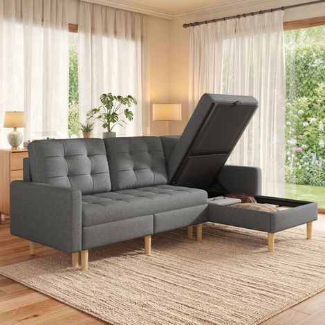 Canapé d'angle modulable 212x130x86 cm en tissu gris, avec rangement pour salon FloraGrace (1/5)