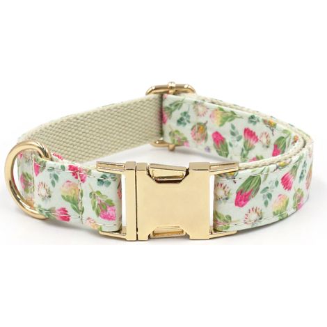 Collier pour chien floral / M / Coton / Réglable / Boucle dorée / Blanc (1/2)
