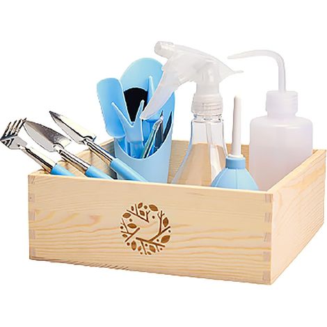 Ensemble de 14 mini-outils de jardinage avec boîte à outils en bois pour plantes succulentes, bleu (1/4)