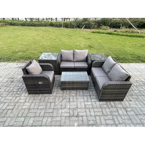 Fimous High Back Rattan Gartenmöbel Set mit Loveseat Sofa Rechteckiger Couchtisch 2 Beistelltische Indoor Outdoor Patio Lounge Sofa Set Dunkelgrau Gemischt (1/5)