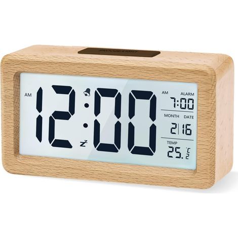 Digital alarm clock, wooden bedside clock with large backlit LCD screen, temperature, snooze function, light sensor, 3 AAA batteries [Batteries NOT Included] (1/5)