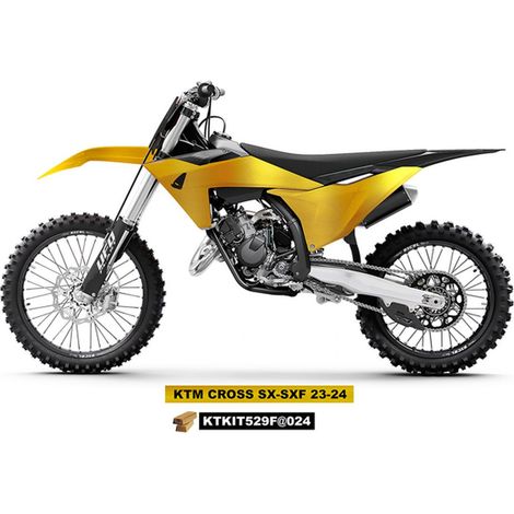 KIT COMPLETO DI PROTEZIONI IN PLASTICA UFO CON AMMORTIZZATORI TELESCOPICI PER KTM SX 125 / 250 / 300 TBI '23-'24, SX-F 250 / 350 / 450 '23-'24 COLORE ORO