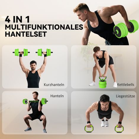 4-in-1-Hantelset, 20 kg, verstellbare Kurzhanteln und Langhantel, Kettlebell, Liegestützgriffe, Grün. (1/5)