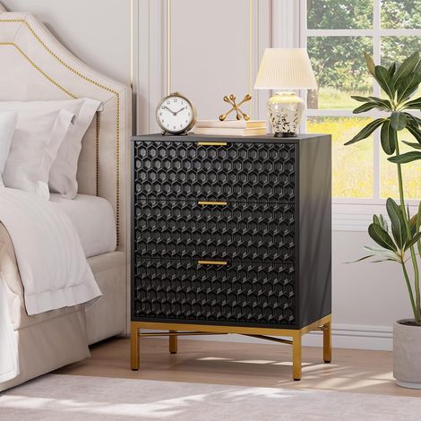 Commode Blanche 3 Tiroirs Moderne, Meuble de Rangement MDF avec Pieds Métalliques pour Chambre, Noir (1/5)