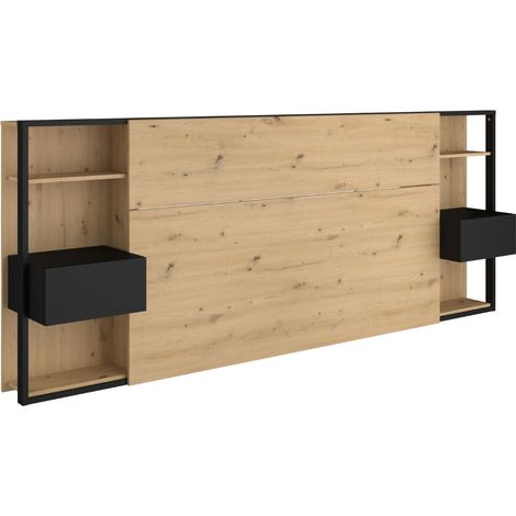 Tête de lit avec chevets suspendus et tablettes aspect bois et noir - KATELL (1/5)