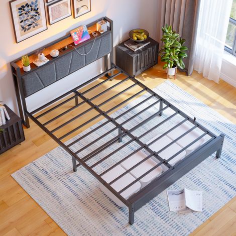 Cadre de lit 140 x 200 cm avec éclairage LED intelligent  tête de lit dotée de rangements intégrés et de ports de charge USB  plateforme robuste à lattes métalliques  conception silencieuse  montage f (1/5)
