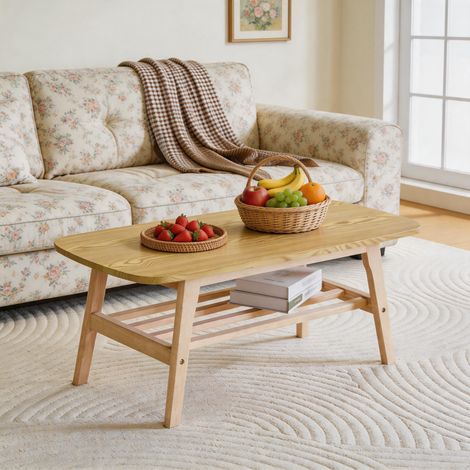 Table basse de salon en bois massif avec double plateau de rangement coloris bois 100 cm - PANGIVO (1/5)