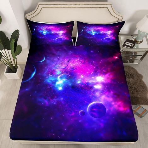 Parure de Lit 90x190 Ciel Étoilé Violet, Drap de Lit Constellation, Drap Housse Galaxie Étoile Imprimée, Drap Plat l'espace Mystérieux, Antidérapants Résistant Aux Rides Drap-Housse (1/4)