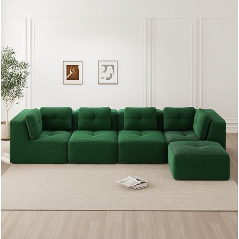 Sofá modular de 4 plazas en pana verde, asiento profundo, sin montaje y base antideslizante (1/5)