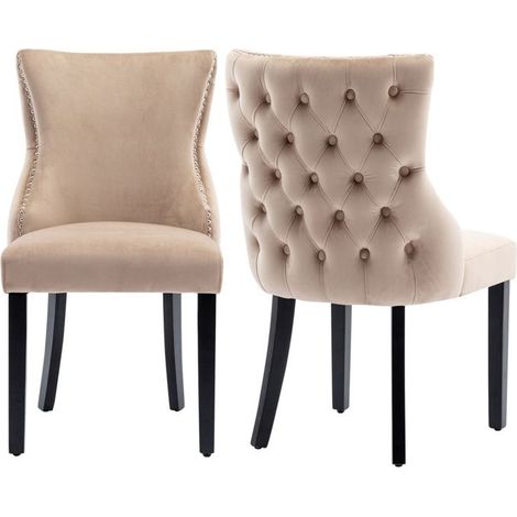 Chaise - Capitonnée Velours - Beige - Pieds bois massif - Lot de 4
