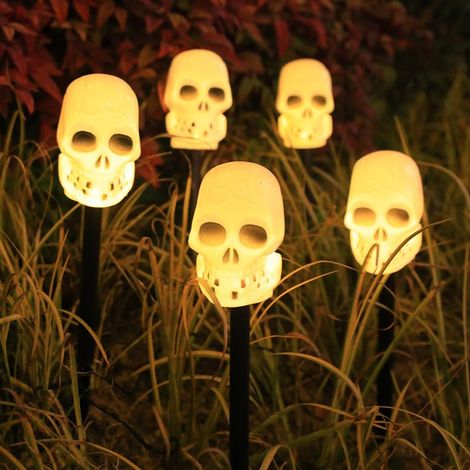 Piquets lumineux LED d'Halloween lot de 5 crânes blancs tige noire, lampe décorative extérieure IP65, tension 1,2V. DT-4 (1/5)