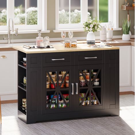 Isla de cocina móvil 120x40(65)x92 cm en MDF negro, con almacenamiento para cocina FloraGrace (1/5)