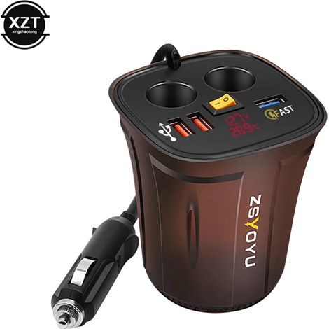 Chargeur de voiture rapide QC3.0 USB avec porte-gobelet, adaptateur allume-cigare, voltmètre, prise 12 V, affichage de la température, étanche et interrupteur marche/arrêt. (1/5)