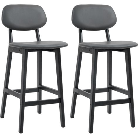Set of 2 Dark Grey Bar Stools,PU Leather Kitchen Chairs with Backs and Footrests,Solid Wood Legs for Breakfast Bar and Dining Room