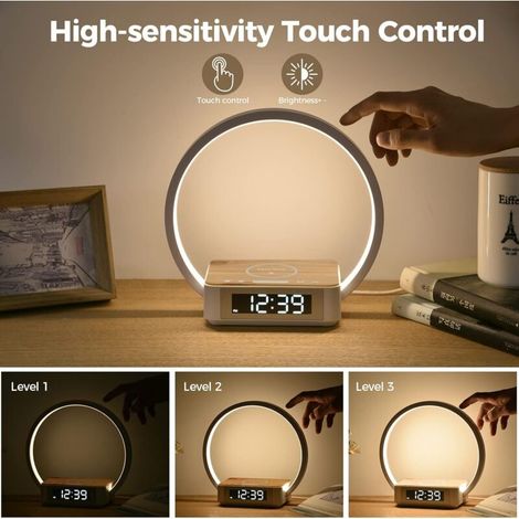 Réveil Lumineux Simulateur d'Aube,Tactile Réglable, 3 Niveaux Luminosité, Lampe Chevet,Chargeur Sans Fil 10W,Aide à Dormir Bébés,Adultes (Transitionnelle) [Classe énergétique E] (1/4)