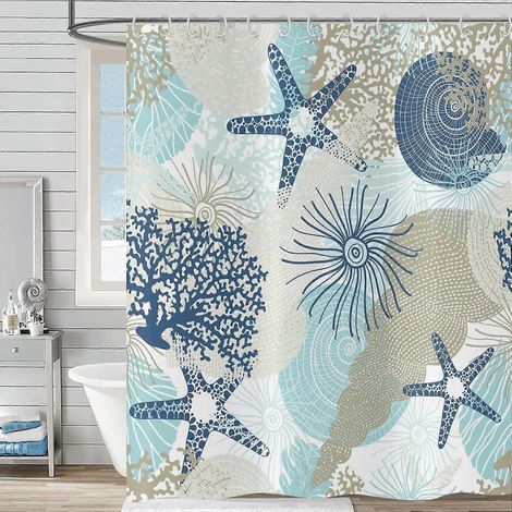 Rideau de douche nautique et côtier 180x200, thème plage, étoiles de mer, coquillages, coraux, rideau de douche imperméable en polyester avec motifs marins et vie océanique. (1/5)