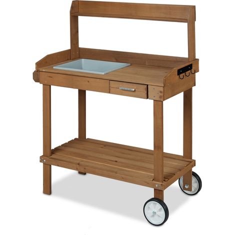 Table de jardin mobile avec roulettes bac amovible 120 x 97 x 49 cm pour entretien plantes en bois brun (1/4)