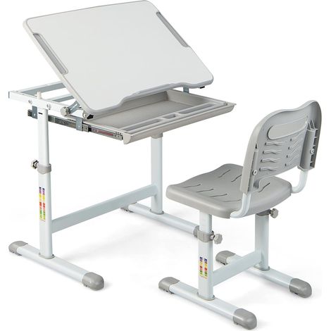 COSTWAY Set Scrivania e Sedia per Bambini, Set Tavolo con Altezza Regolabile per Bambini, Tavolo per Studiare con Superficie Inclinabile (Grigio) (1/5)