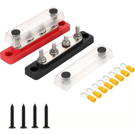 1 Paire Barre omnibus à 4 positions DC 12-48V 100A,bornier de distribution d'alimentation de batterie à 4 voies avec couvercle transparent (1/4)