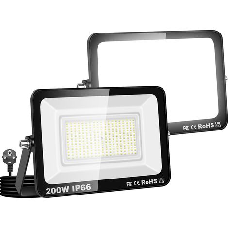 2PCS Projecteurs LED Extérieur Avec Prise, Spot LED 200W 20000LM, 6000K Blanc Froid, IP66 Etanche Eclairage Lumière de Sécurité pour Jardin Patio Garage Terrasse Maison