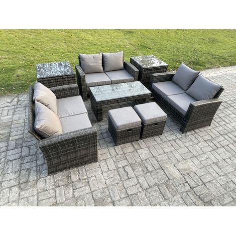 Fimous Ensemble de meubles de jardin en rotin für den ave Table basse Canapé deux places 2 Petit Tabouret 2 Table d'appoint Gris foncé (1/5)