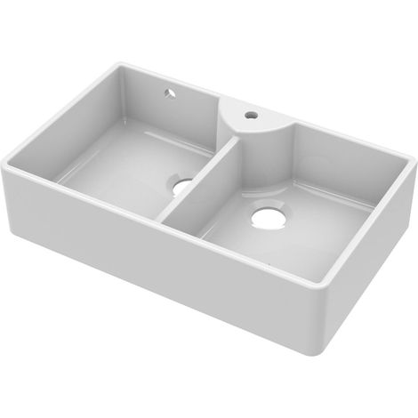 895mm - Fireclay 2 Bowl Stepped Weir Butler Kitchen Sink - Tap Ledge & Overflow (1/4)