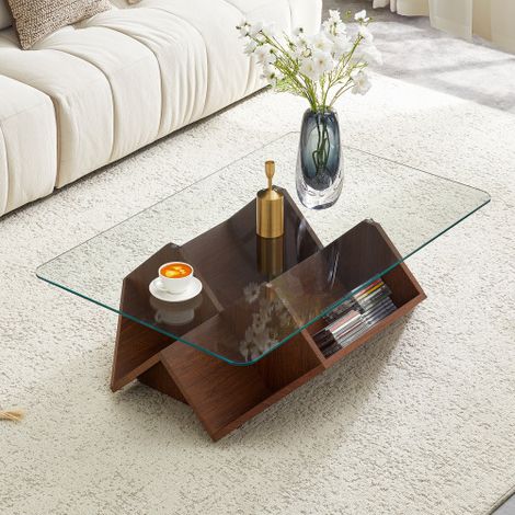 Couchtisch mit Stauraum 103x63x33,5 cm, gehärtetes Glas & MDF in Walnussoptik, rechteckiger moderner Wohnzimmertisch mit offenen Fächern