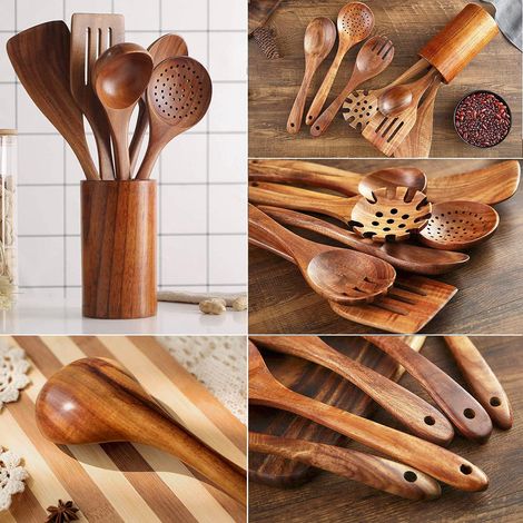 Juego de 7 utensilios de cocina de madera antideslizantes y resistentes al calor con mangos de madera (1/5)