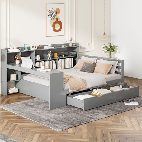Letto multifunzione in legno grigio 140x200 cm con scrivania, libreria, ripiani, 2 cassetti, prese USB e rete a doghe (1/5)