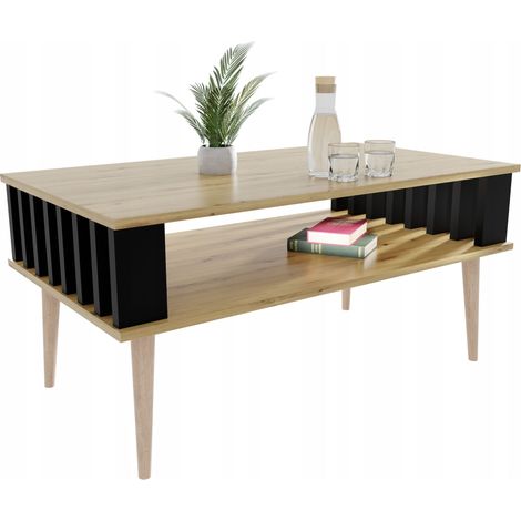 Table basse artisanale à lamelles pour salon / table basse noire (1/5)