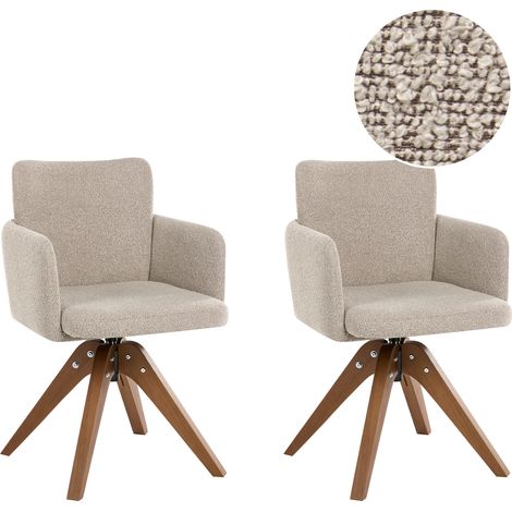 Conjunto de 2 sillas de comedor base giratoria con reposabrazos tapizado de bouclé patas de madera beige Evelyn (1/5)