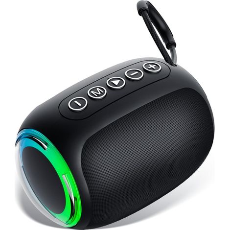 Enceinte Bluetooth sans fil avec lumière LED et microphone, idéale pour une utilisation en extérieur, en voyage et en soirée (noire). (1/5)