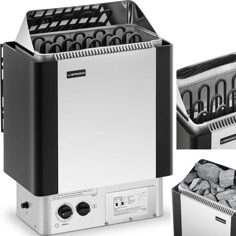 Calentador eléctrico para sauna con control integrado, 8-12 m³, hasta 110 °C, 400 V, 8 kW, color plata-negro. (1/5)