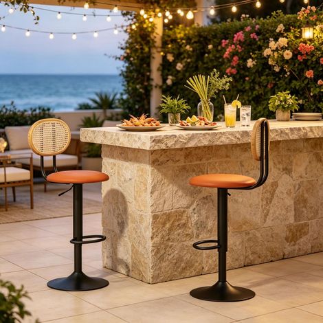 Tabouret de Bar lot de 2 pièces hauteur réglable dossier intégré revêtement en rotin repose-pieds intégré (1/2)