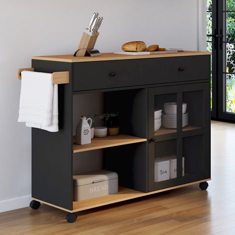 ACHILLE XXL aparador de cocina con estante y armario acristalado negro y madera L. 100 CM
