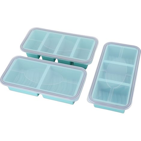3Pcs Bac Congélateur Silicone avec Couvercles 2 3 4 Compartiments Multi Tailles – Moule Empilable Containers Aliments Set, Bleu (1/5)