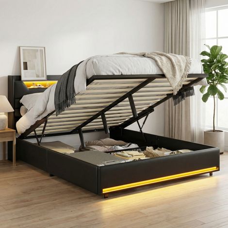 Lit coffre 140x190 cm, lit adulte avec LED rangement tête de lit, sommier à lattes, chargeur USB prises intégrés, PU, Noir
