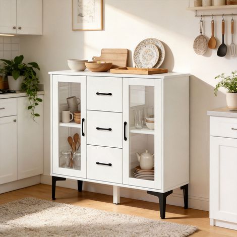 Credenza moderna con ante a chiusura ammortizzata, mobile buffet con 3 cassetti, 2 ante in vetro, ripiani regolabili, MDF, bianco