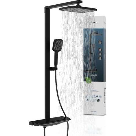 Système de douche avec thermostat et étagère en verre, pommeau de douche de 30 x 20 cm, douche à effet pluie, avec support mural et pommeau de douche, colonne de douche, noir (1/5)